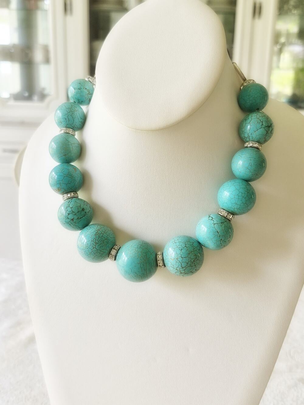 Large Blue Magnesite Turquoise Round Bead Necklace